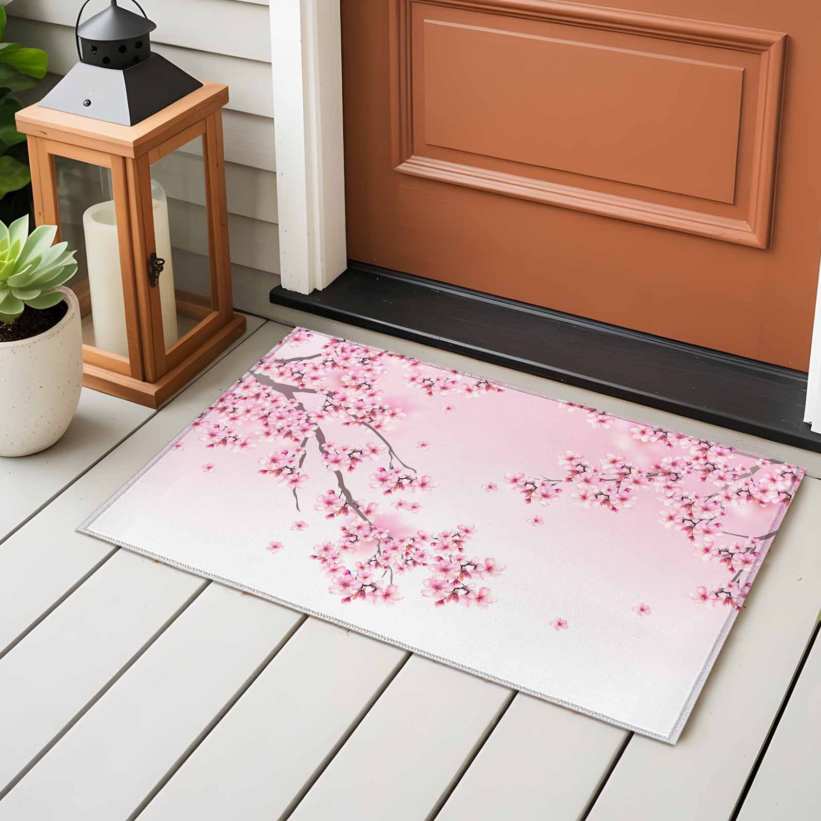 Entrance Runner Rug 2'x3', Cherry Blossom Non-slip Doormat for Indoor Outdoor Entrance, Gradient Tree Pink Flower Plant Washable Throw Floor Mat for Front Door/Living Room/Bedroom/Bathroom/Kitchen