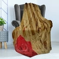 thumbnail image 4 of Music Soft Flannel Fleece Throw Blanket, Notes and Musical Symbols on Rustic Piano Keyboard Look Backdrop Romantic Rose, Cozy Plush for Indoor and Outdoor Use, 70" x 90", Brown and Red, by Ambesonne, 4 of 5
