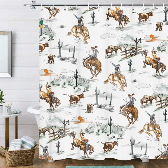 Western Cowboy Shower Curtain, Wild West West Cowboy Cactus Decor Bath Curtains, Farmhouse Country Bathroom Accessories Decor with 12 Hooks 69Wx72H
