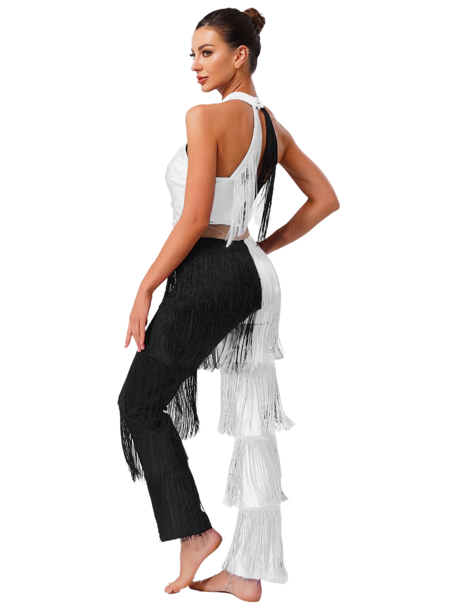 Xnihocha Womens 70s 80s Disco Dance Jumpsuit Sequin Fringe Rompers