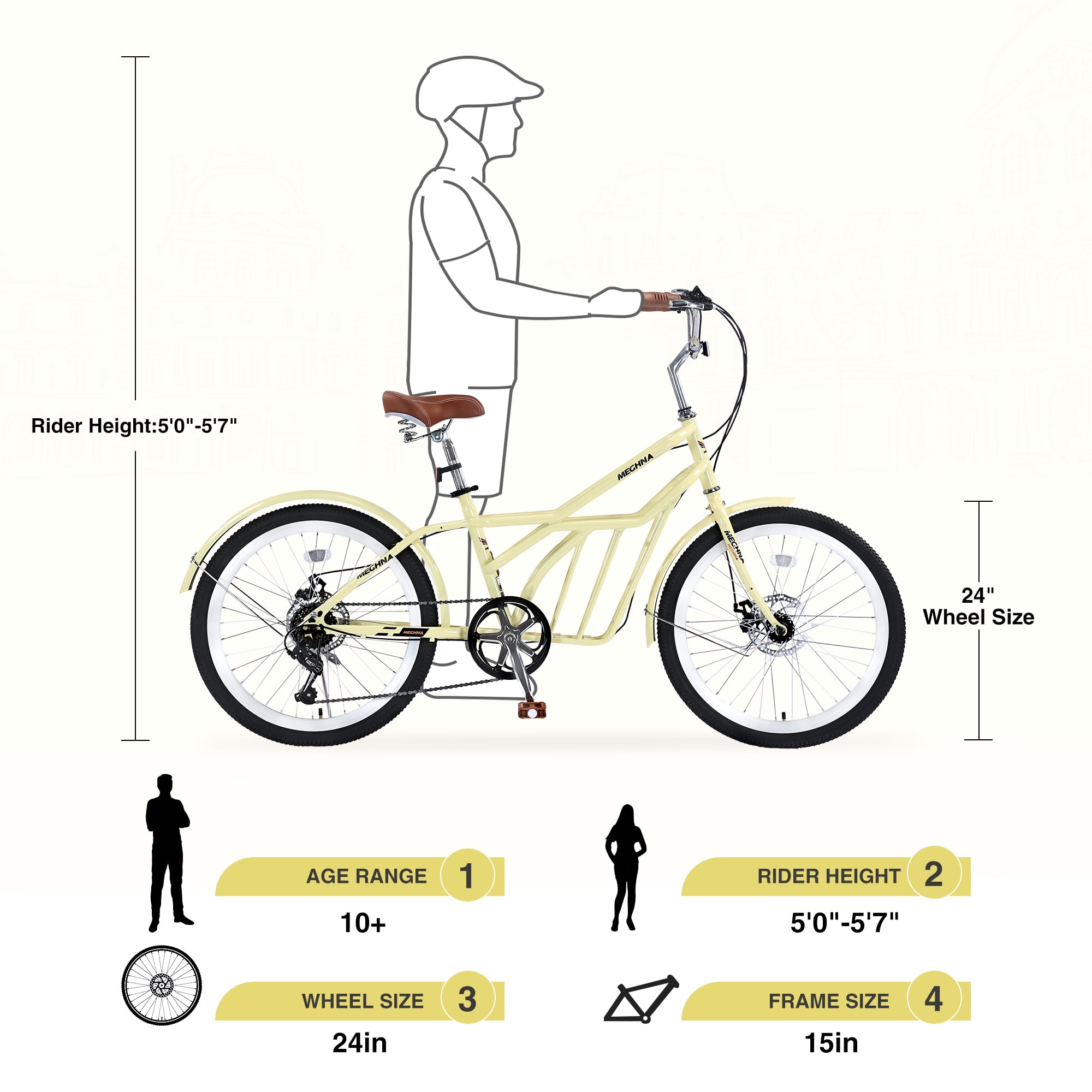 Aukfa 24" Cruiser Bike for Women Girls Ladies,Commuter Bike Shimano 6 Speed Bicycle Hybrid Bikes,Yellow