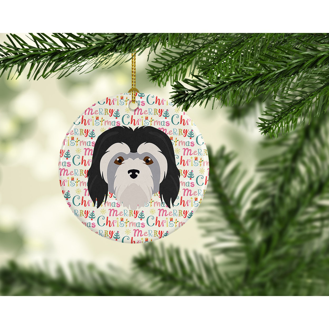 Lowchen Little Lion Dog Merry Christmas Ceramic Ornament 2.8 in x 2.8 in