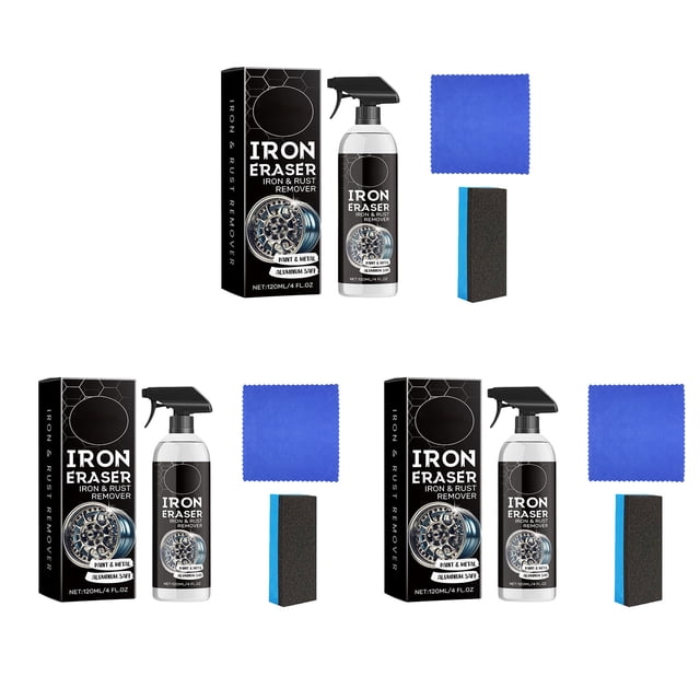 Deeceymbur 3Pcs Rust Remover Car Tire Cleaning Spray 120ml Wheel Metal Stain Cleaner with Sponge Rag for Automotive Care
