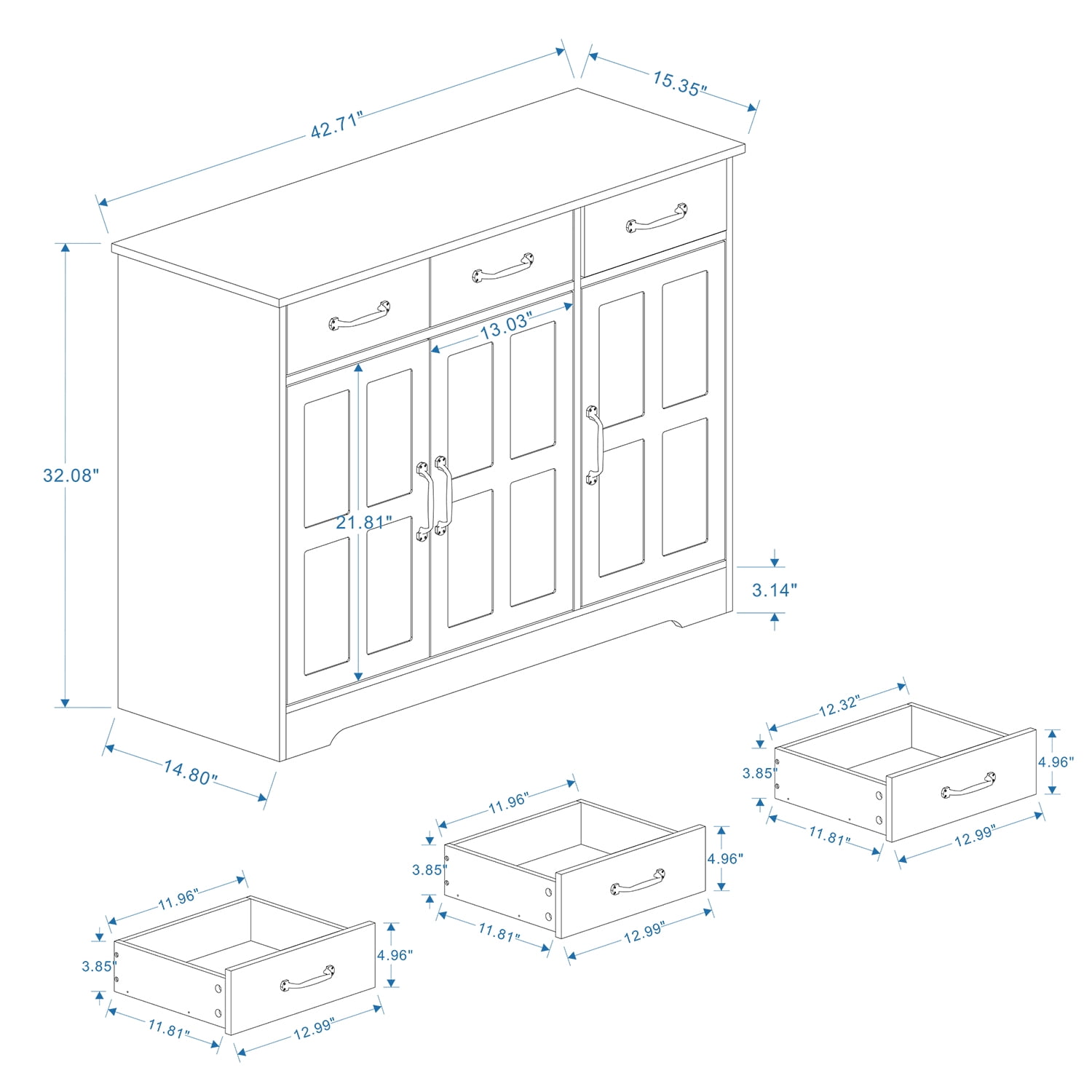 PORKISS Farmhouse Storage Cabinet with 3 Drawers and 3 Doors, Buffet Cabinet Sideboard for Dining Living Room Kitchen, 43" White