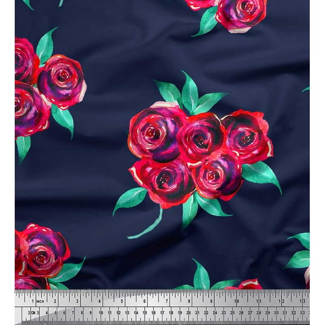 Soimoi Toile de Soie Bleu Feuilles & Imprimé Floral Rose par Yard 42 Pouces de Large