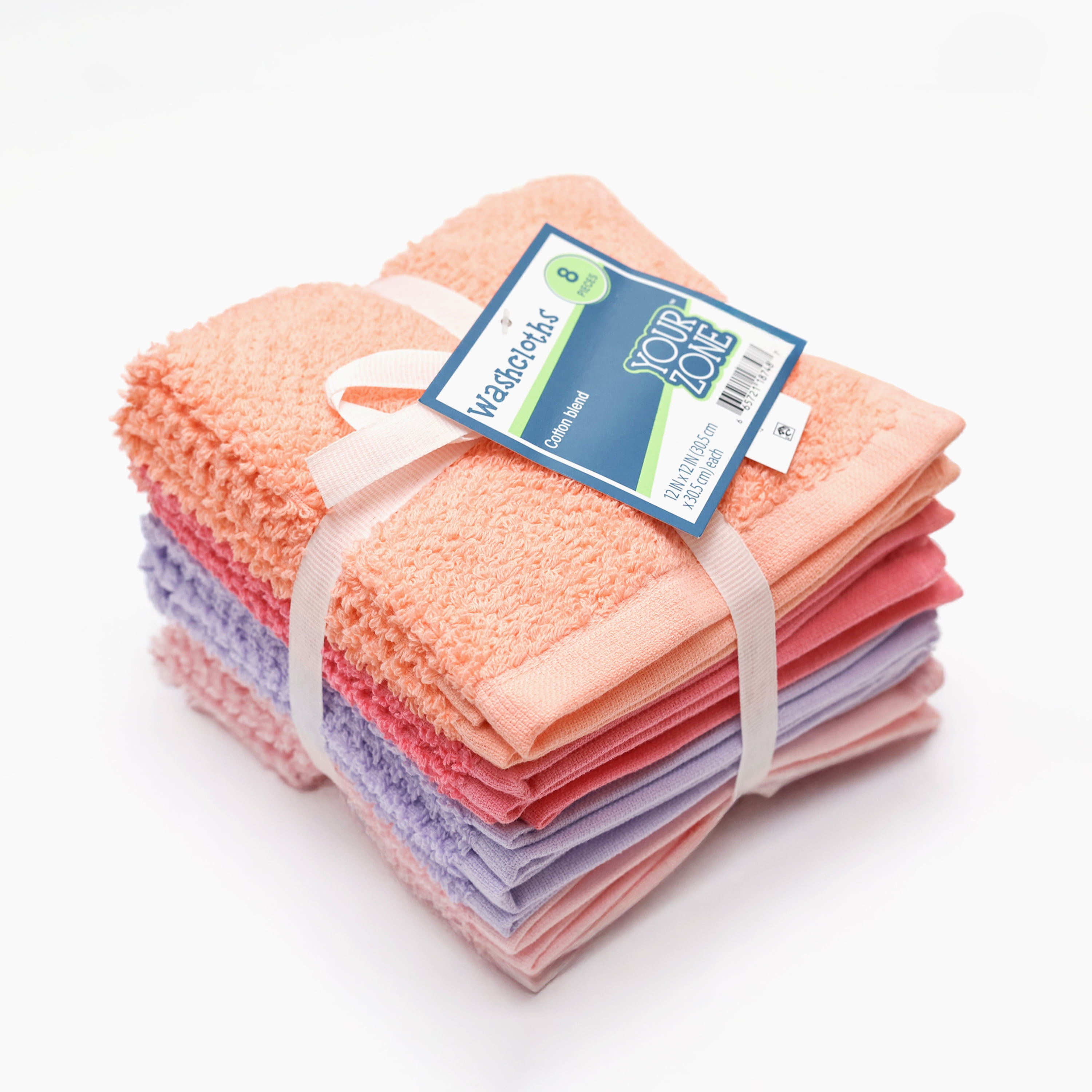 Your Zone Kids Washcloth Set, 8 Pack, Cotton Blend, Pink, Purple and Coral