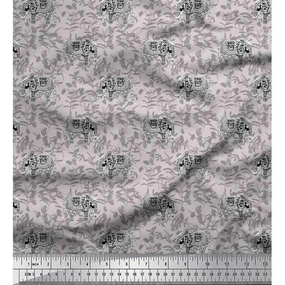 Soimoi Grey Cotton Cambric Fabric Leaves & Artistic Elephant Animal Printed Fabric 1 Yard 56 Inch Wide