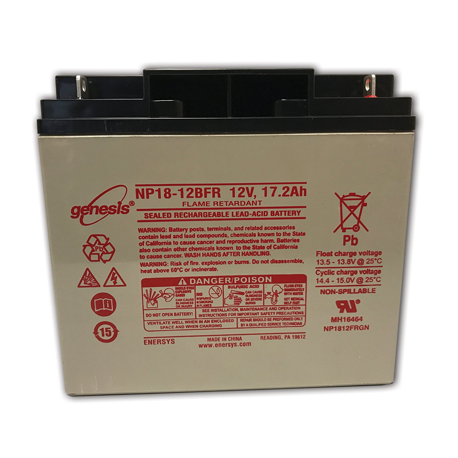 Genesis NP1812BFR 12 Volt/17.2 Amp Hour Sealed Lead Acid Battery with NutBolt Connector