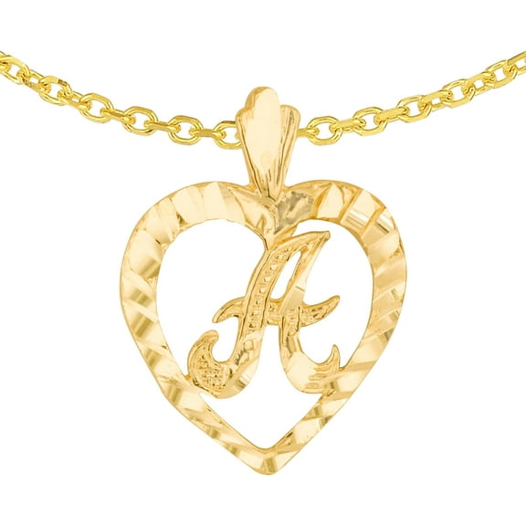 Floreo 10k Yellow Gold 0.7" Personalized Alphabet Letter A - Z Initial Heart Pendant with optional Extendable Cable Chain Necklace