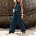 thumbnail image 6 of Women's 2 Piece Outfit Textured Crinkle Fabric Halter Sleeveless Crop Top Drawstring Wide Leg Pants Summer Vacation Casual Matching Set Navy, 6 of 6