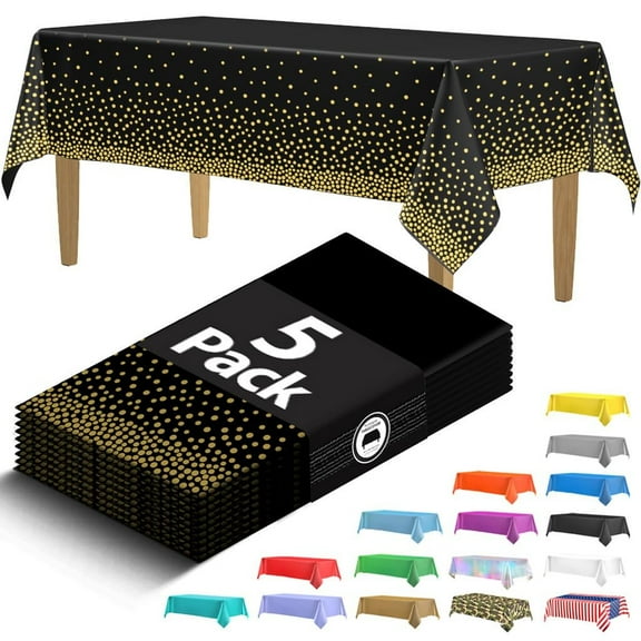 HSGUS Disposable Plastic Table Cloths, 54 x 108 inches, Black and Gold Party Decorations