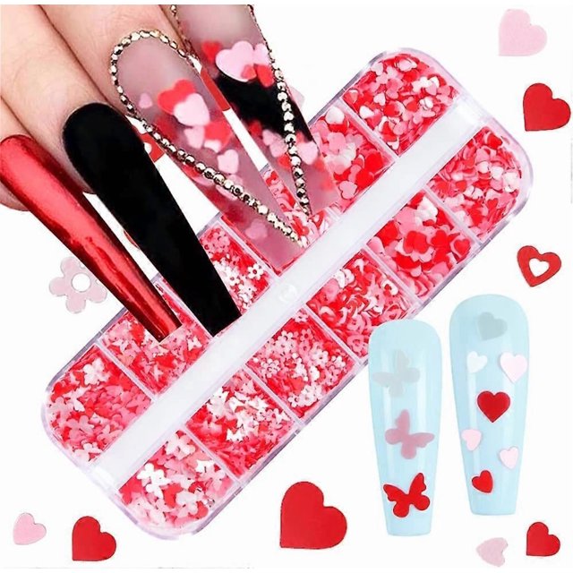 3D Heart Nail Glitters for Valentine's Day Nail Stickers Love Heart Nail Sequins Glitter Decals Nail Design for Women Manicure Valentine's Romantic Na