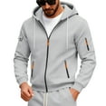thumbnail image 2 of Mens Cargo Full Zip Hoodie Drawstring Zipper Pockets Jackets Fleeced Fall Winter Outdoor Sweatshirt Light Gray XL, 2 of 8