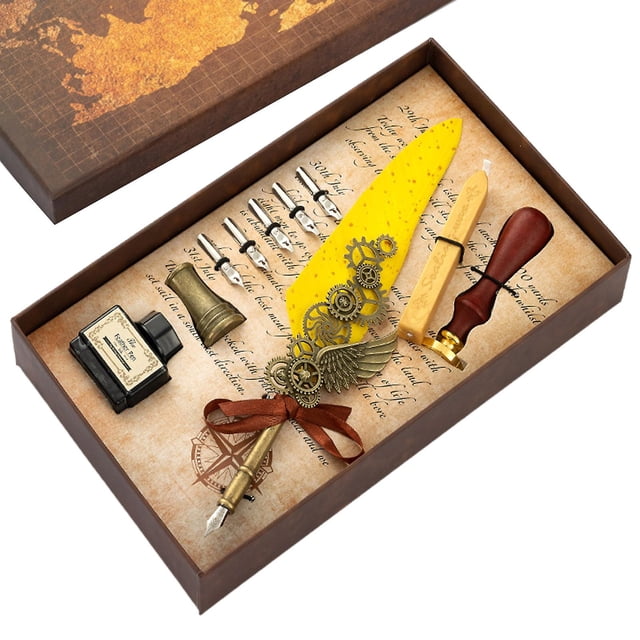 No. 5 color Kit de pluma de inmersión de plumas vintage, 5 puntas de pluma, botella de tinta, sello de cera incluido
