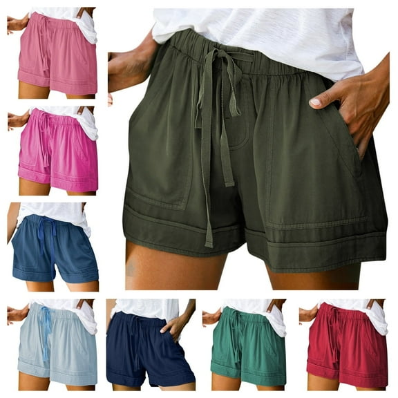 AXXD Shorts for Women,Ruffle Shorts,Comfy Drawstring Elastic Waist Pocket Loose Shorts Multicolor 14