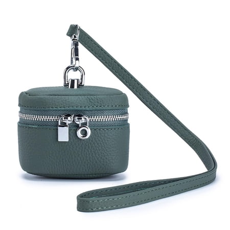 Zipper Coins Purse Hanging Pouch Genuine Leather Small Headphone Bag Storage Wallet with Lanyard.
