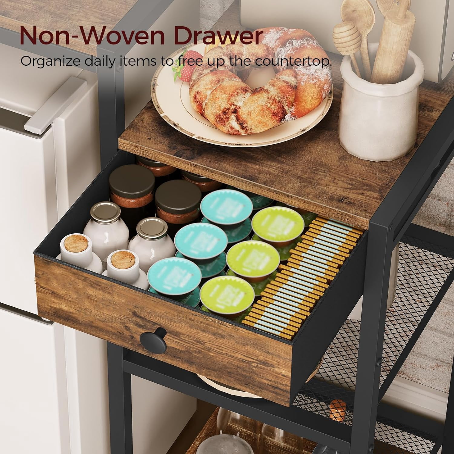 Mini Fridge Stand, Bakers Rack with Storage, 6-Tier Mini Fridge Cabinet, Coffee Bar Station with 1 Drawer, Microwave Stand for Kitchen, Dining Room, Rustic Brown and Black RSHR5401