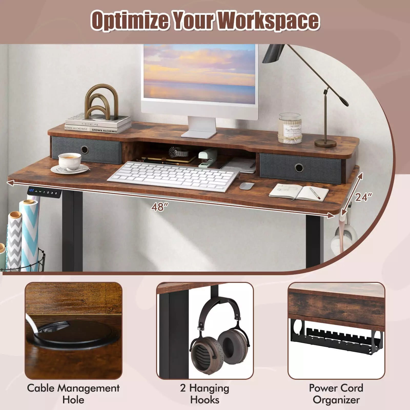 Auranook 48" x 24" Standing Desk with Drawers, Electric Stand-up Desk with Monitor Stand, 2 Drawers, Side Hooks, 3 Memory Heights, Anti-collision Design