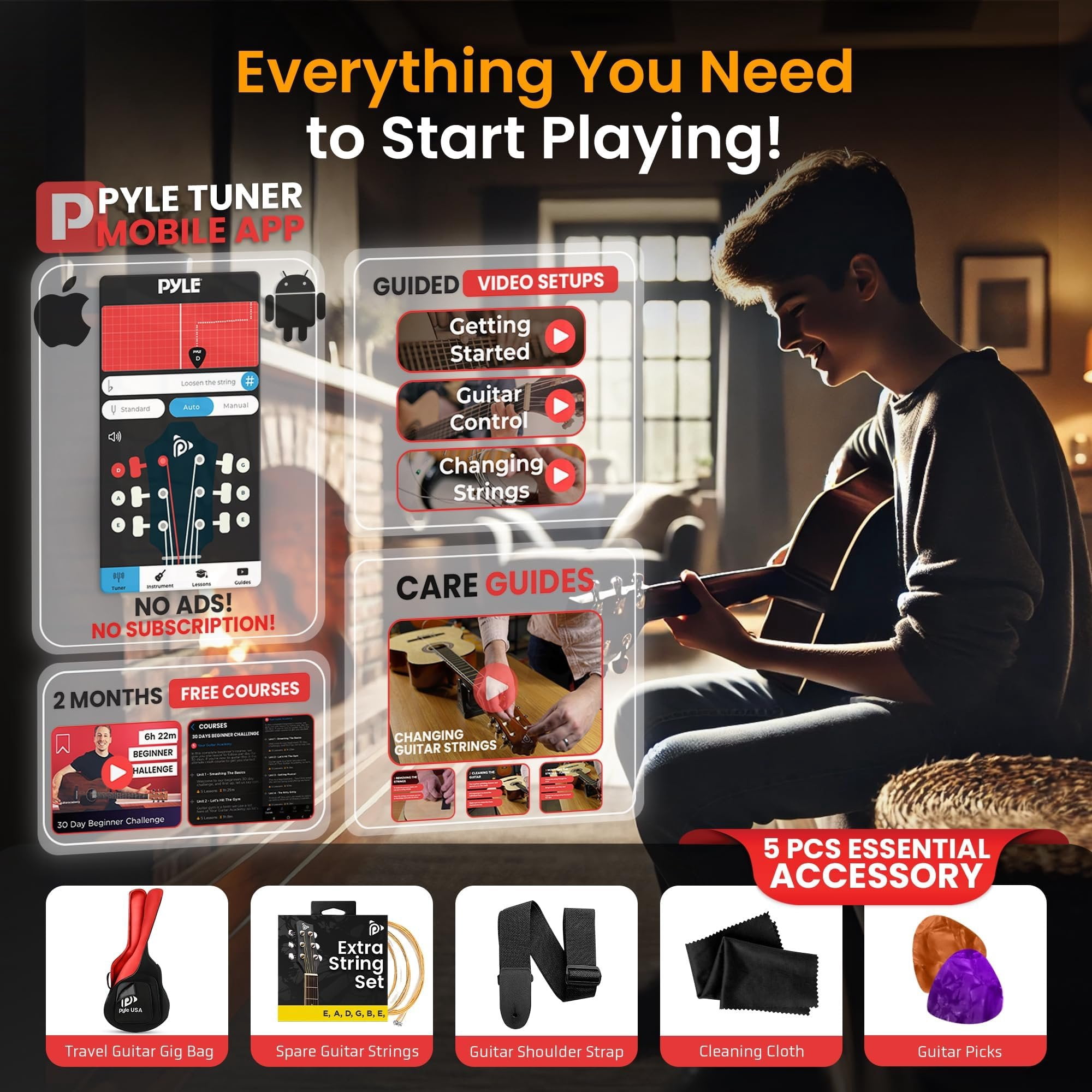 Pyle Steel String Acoustic Guitar Kit, 41" Full Size Cutaway with Ashtree Top, Open Pore Finish, Premium Accessory Set with Armored Gig Bag, Sunburst Teardrop Matte