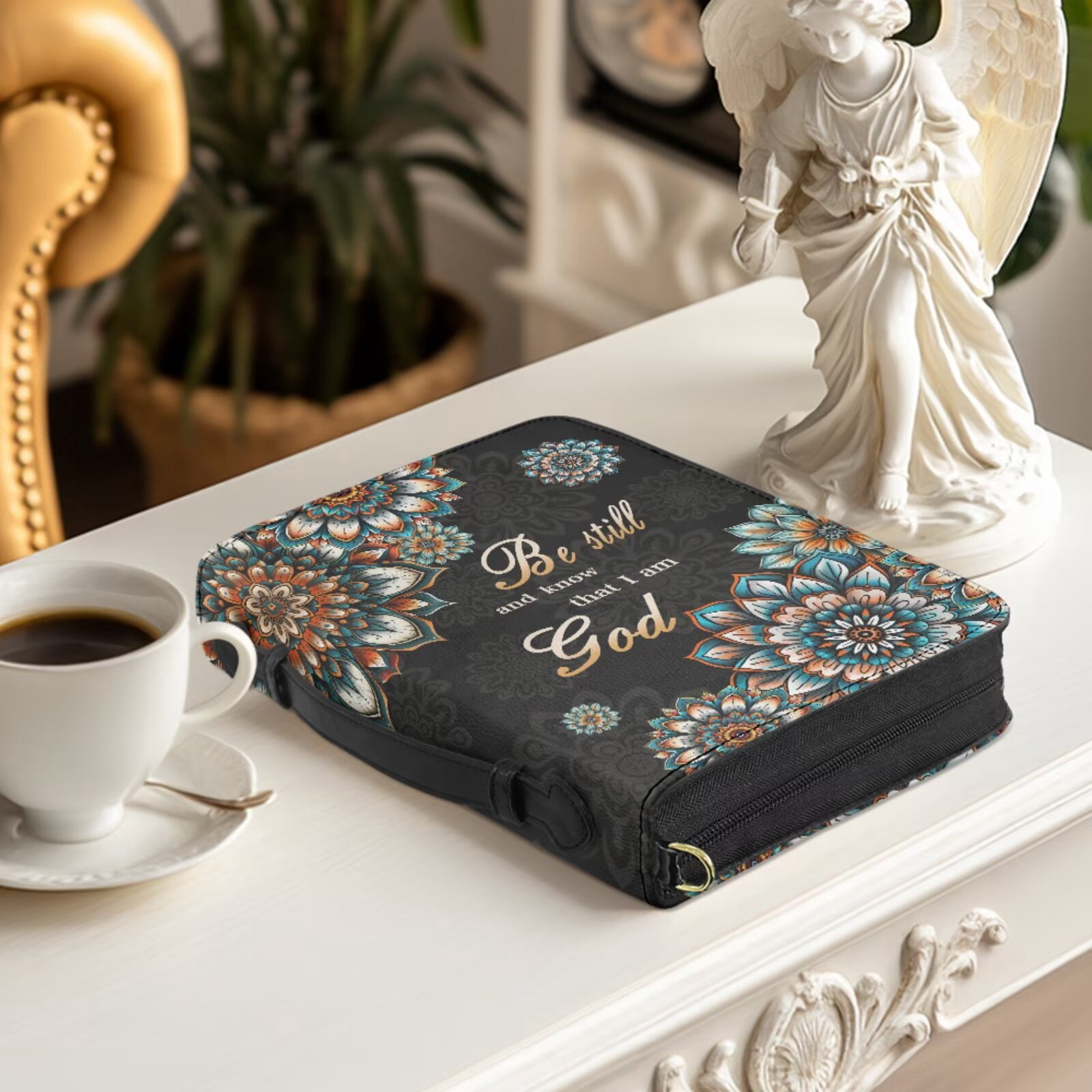Kuiaobaty Boho Mandala Print Bible Cover for Women Men Zippered Carrying Book Case with Leather Bookmark Multi-Pockets Church Bag Bible Protector for Christian Daily, Black