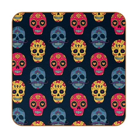 

OWNTA Colorful Skull Design Pattern Premium 6-Piece Square Coaster Set in Microfiber Leather - Non-Slip & Absorbent Cup Mats