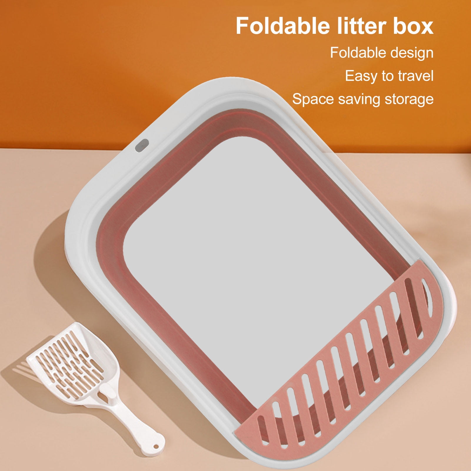 BIMZUC Folding Semi Enclosed Cat Litter Box with Scoop Splash Proof Kitten Toilet Bedpan, 18.1 inches / 46 cm Length, Portable Pet Potty Pan for Indoor Cats & Small Pets, Pink