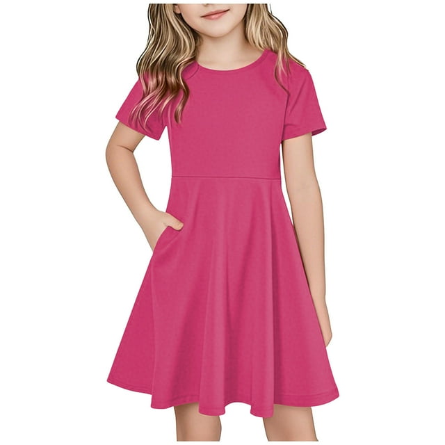 Tranfacy Robes Décontractées pour Filles, Robe à Manches Courtes pour Filles, Robe d'Été à Manches Courtes Décontractée et Ample avec Poches pour 4-14 Ans