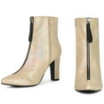 thumbnail image 2 of Unique Bargains Pointed Toe Front Zip Chunky Heel Ankle Boots for Women Gold 7, 2 of 6