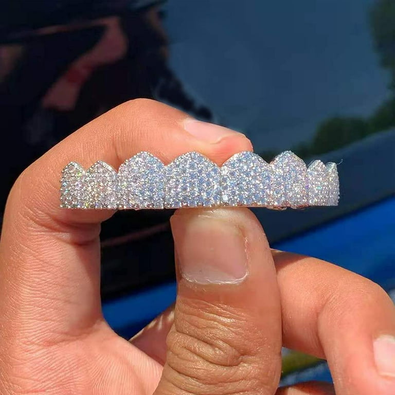 Custom Fit Upper Teeth Grillz - Iced Rhinestone 14k Gold Plated Hip Hop Mouth Jewelry