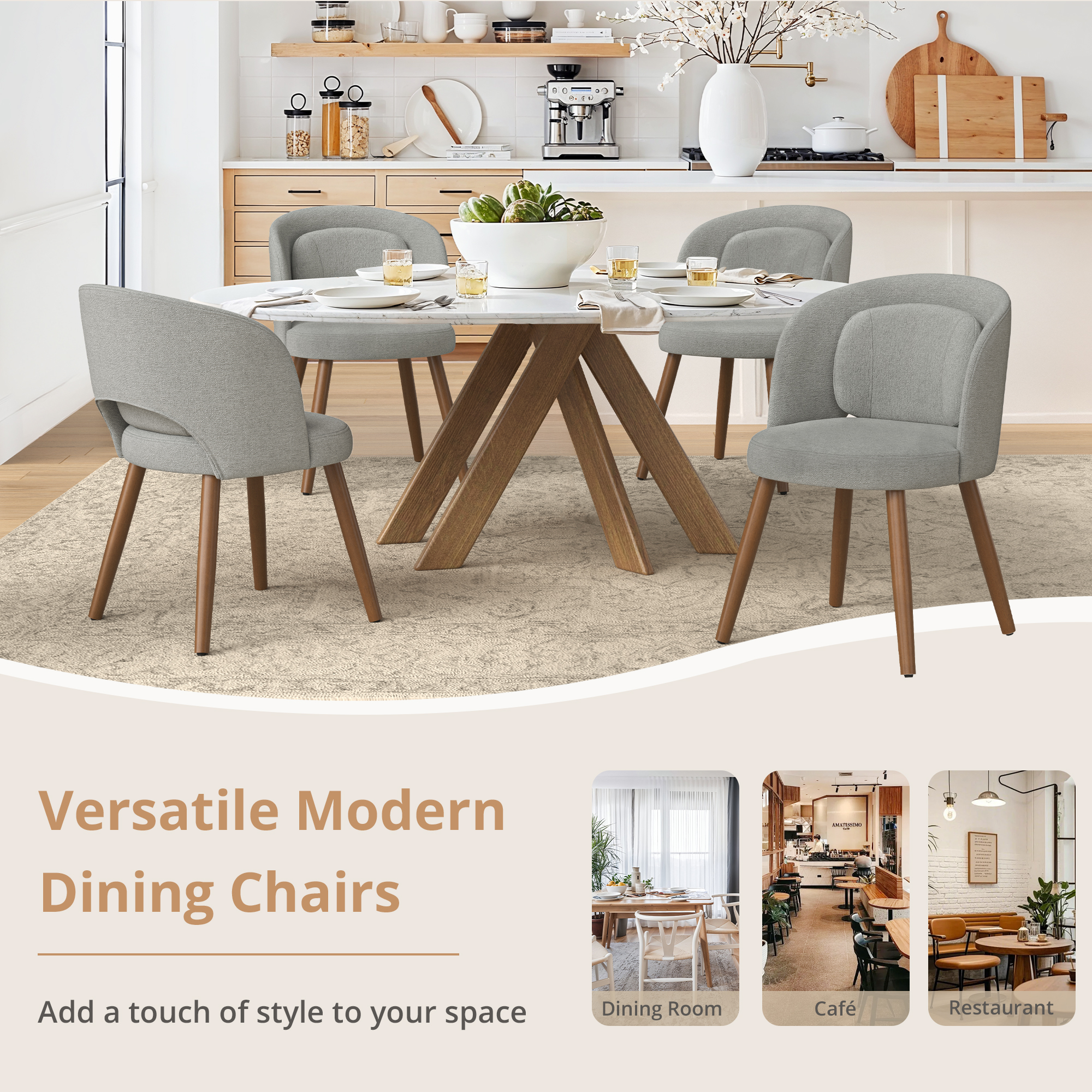Dycanpo Upholstered Dining Chairs Set of 2, Wooden Dining Side Chairs with Curved Backrest & Individual Back Cushion, Gray-Fabric