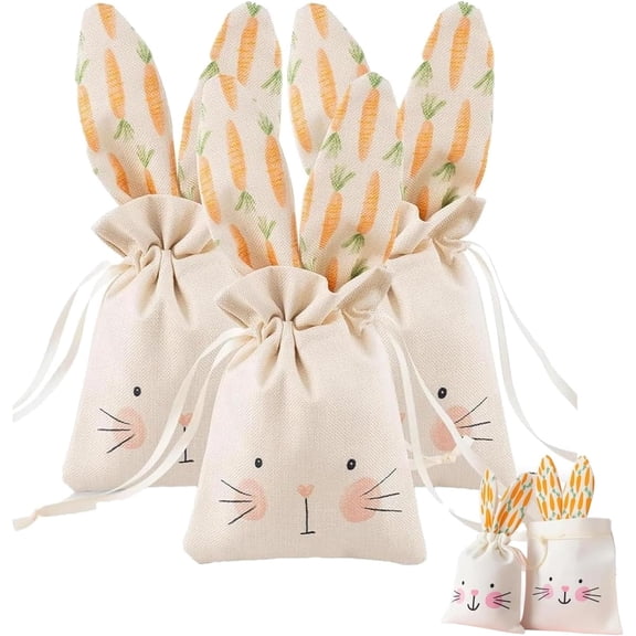 2026 New Easter Bunny Cloth Bags 3PC, Bunny Gift Bags Party Favor Birthday Decoration Reusable, Linen Sweet Candy Beige Drawstring Bag Garden Tea Party Favors Decorations Supplies