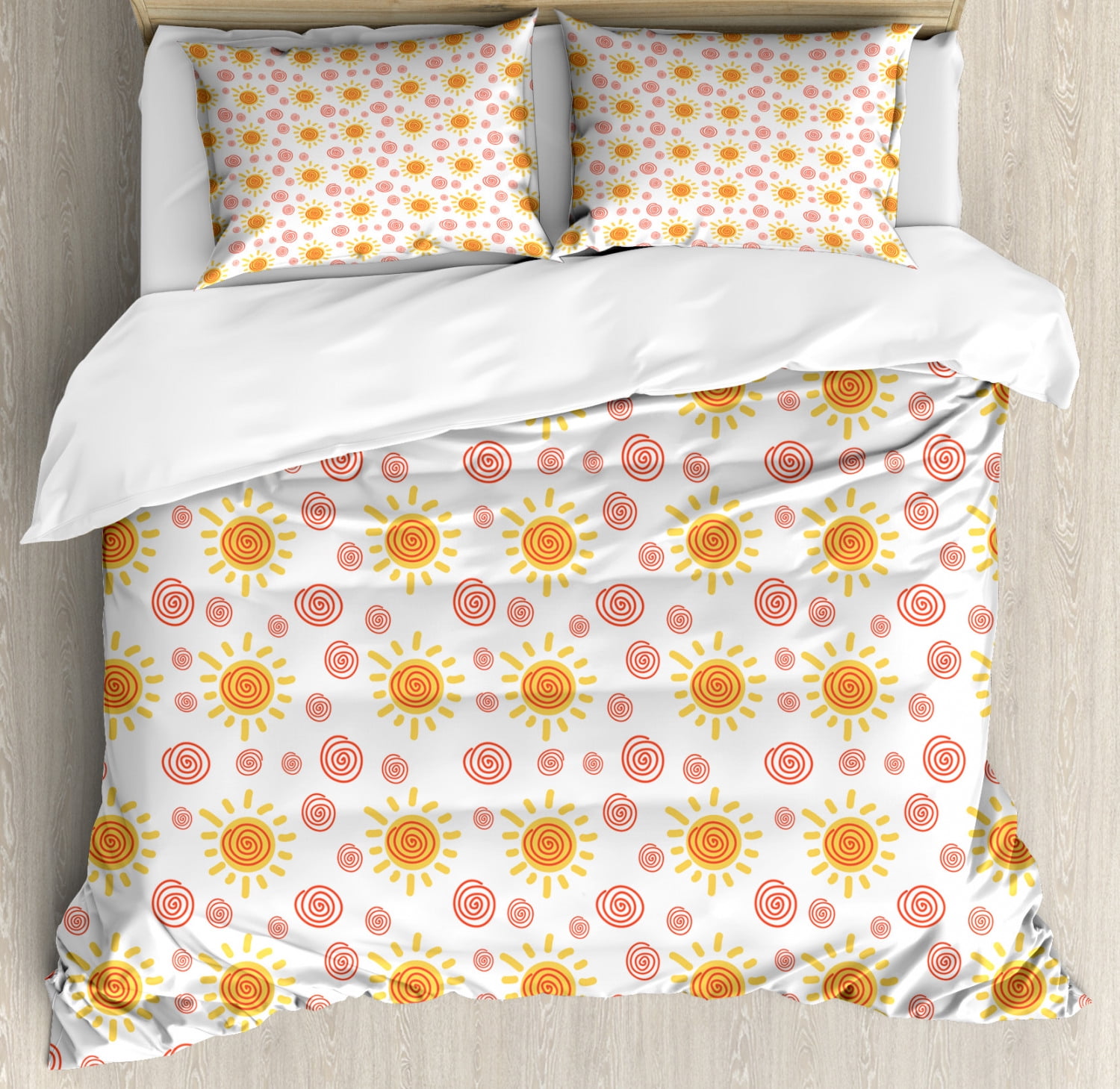 Sun Duvet Cover Set Queen Size, Repeating Sun Motifs with Handdrawn