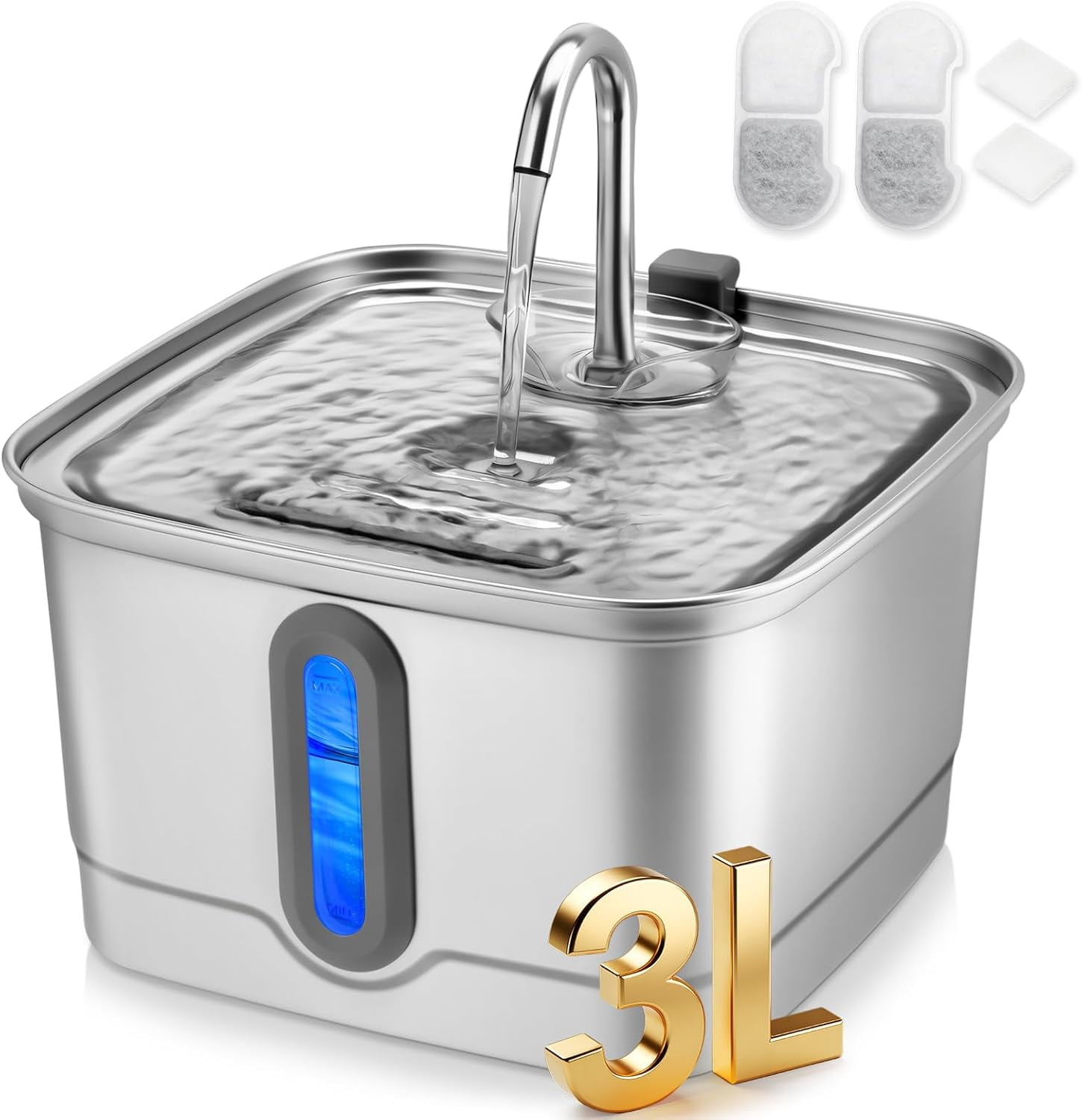 Stainless Steel Cat Water Fountain, 101oz/3L Automatic Pet Water Fountain, Dog Water Fountain with Replacement Filters for Cats, Small Dogs (4 Filters and 4 Sponges)