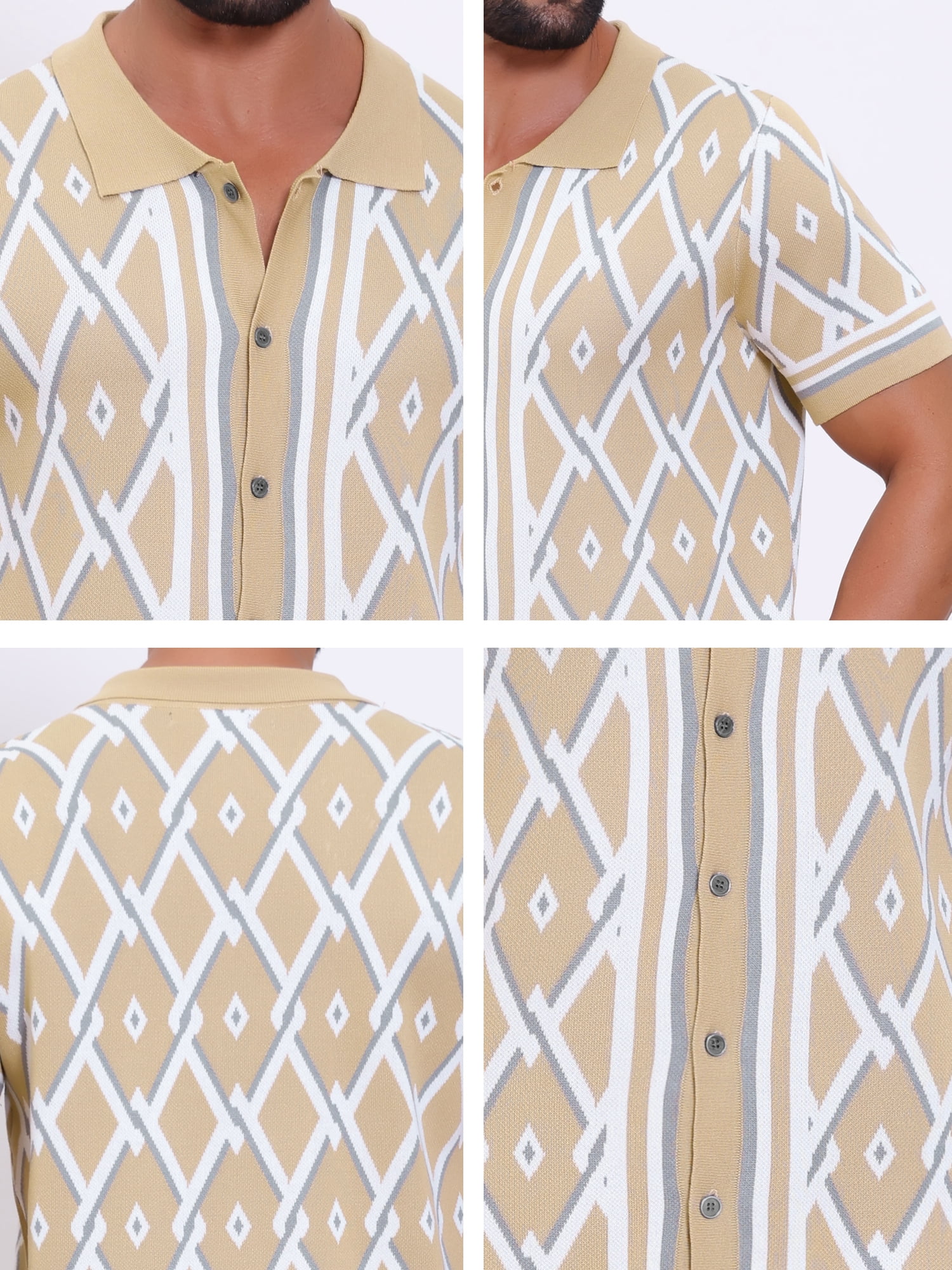 DARING DIVA Men's Short Sleeve Button Down Plaid Knitted Argyle Polo Shirt L Khaki