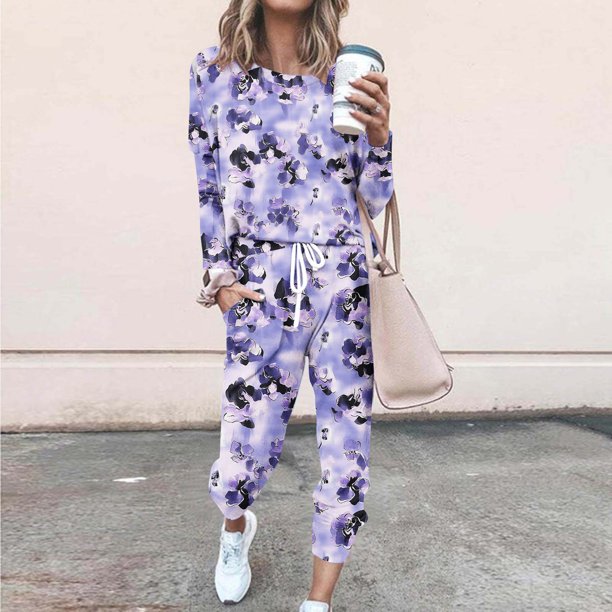 Puntoco Conjunto de pijama cómodo para mujer, con estampado de letras de invierno, cuello redondo, manga larga, pantalones, ropa informal para el hogar