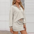 thumbnail image 5 of QATAINLAV Womens Striped Lounge Set Long Sleeve Polos Sweatshirt and High Waist Mini Skort Casual 2 Piece Skirt Outfits, Khaki, S, 5 of 7