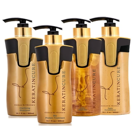 Keratin Cure Best Hair Treatment Kit Gold and Honey Bio Protein 10 Ounces 4 Pieces Silky Soft Formaldehyde Free Professional Complex - Argan Oil Nourishing (The Best Hair Straightening Products)