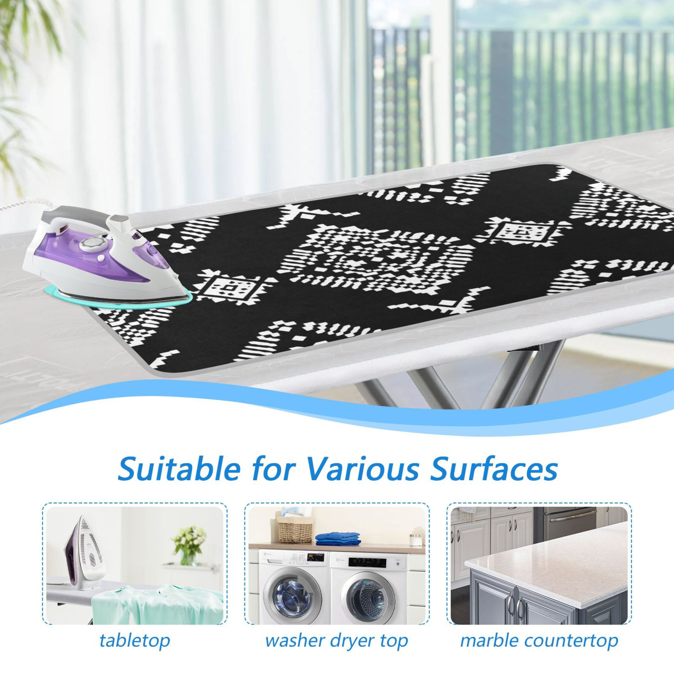 White Abstract Cubes on Black Background Ironing Mat Blanket Portable Travel Ironing Pad Heat Resistant Pad 47.2" x 27.6”