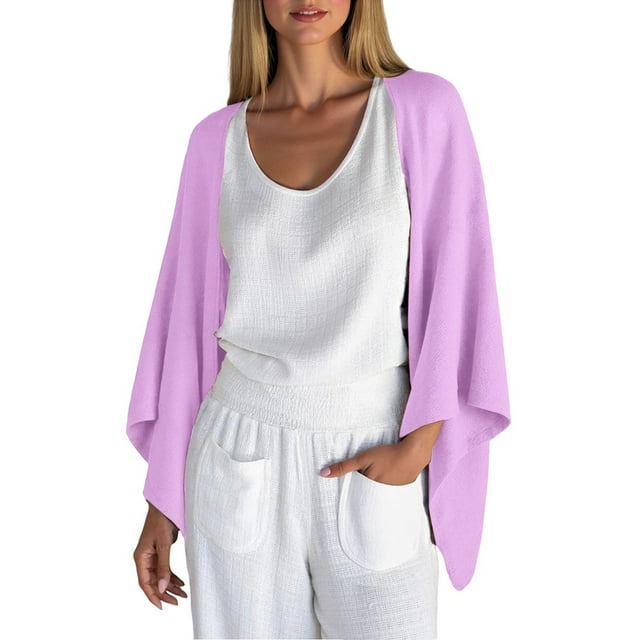KIHOUT Women's Fashion Cardigan Shrug 3/4 Sleeve Open Front Solid Color Loose Lightweight Cover Ups