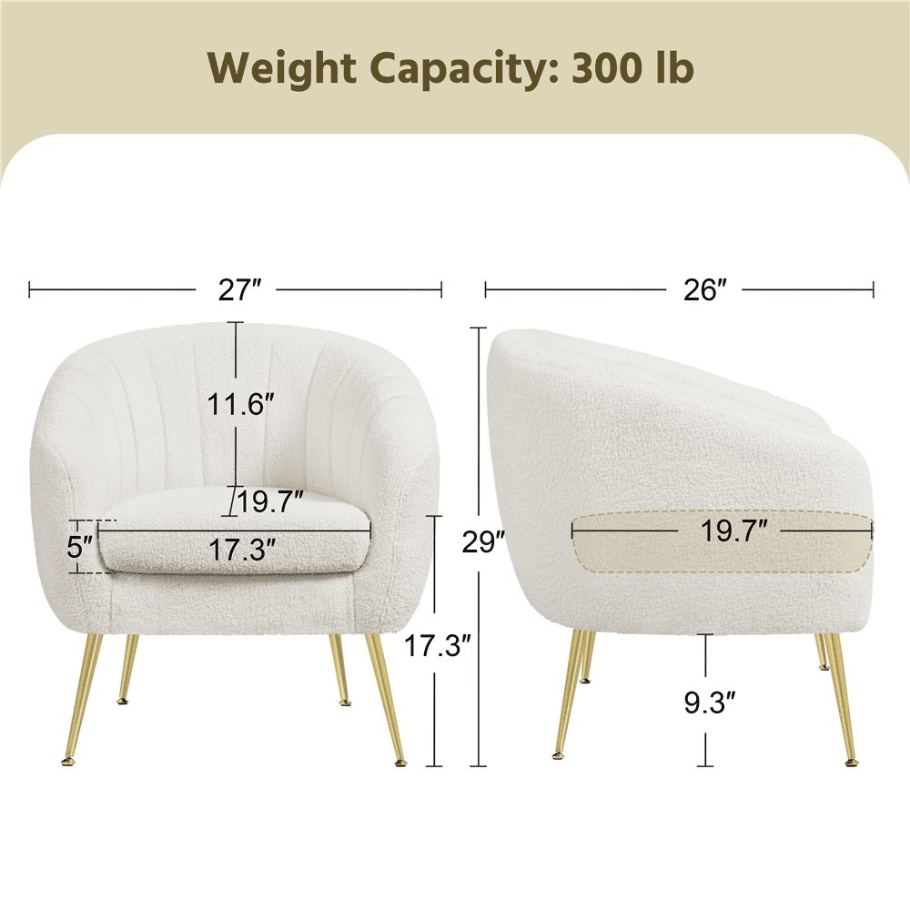 Alden Design Modern Tufted Boucle Barrel Accent Armchair with Gold Metal Legs for Living Room, Ivory