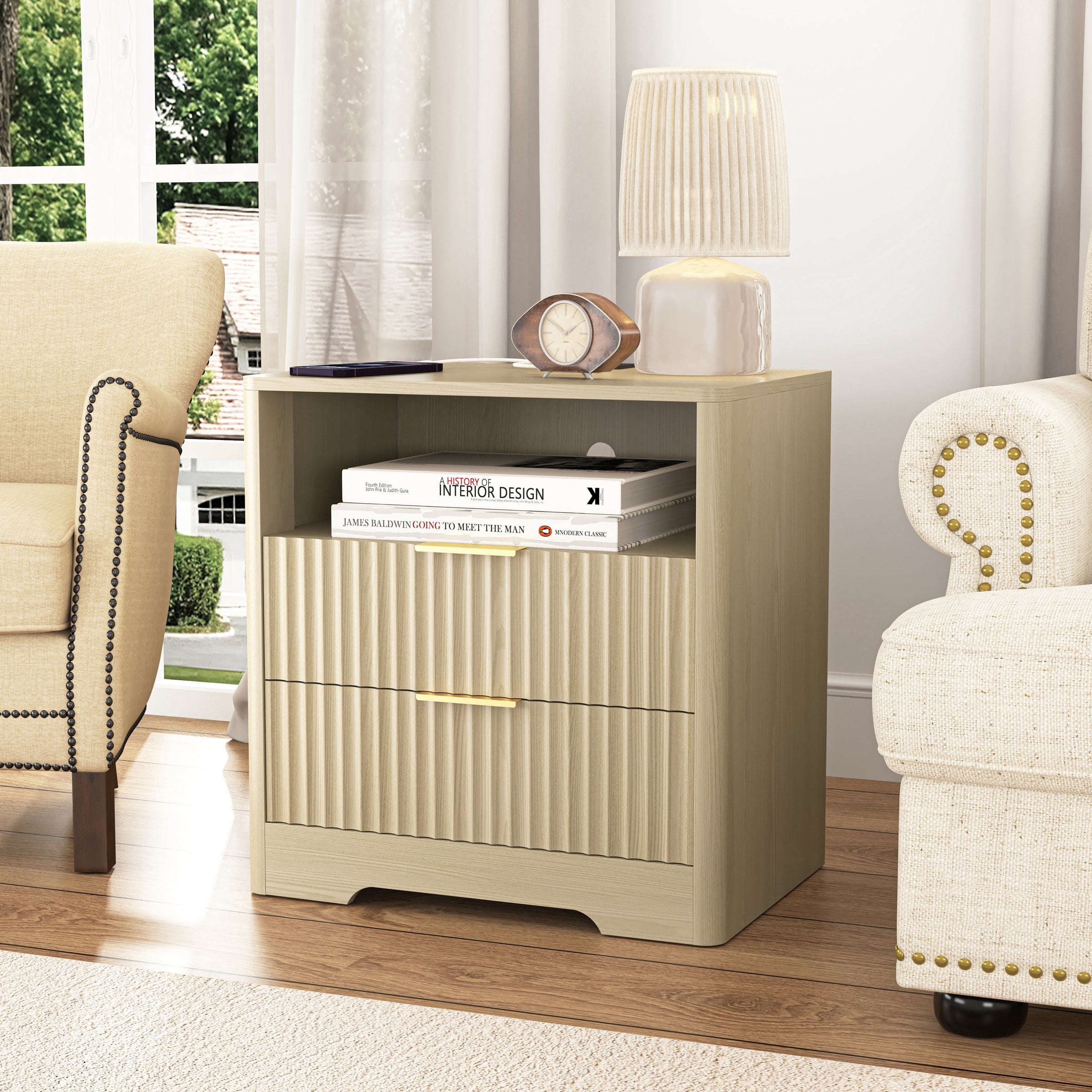 Nightstand with Charging Station, Smart Nightstand with Night Light,Bedside Tables with Storage Cabinet for Bedroom, Wood