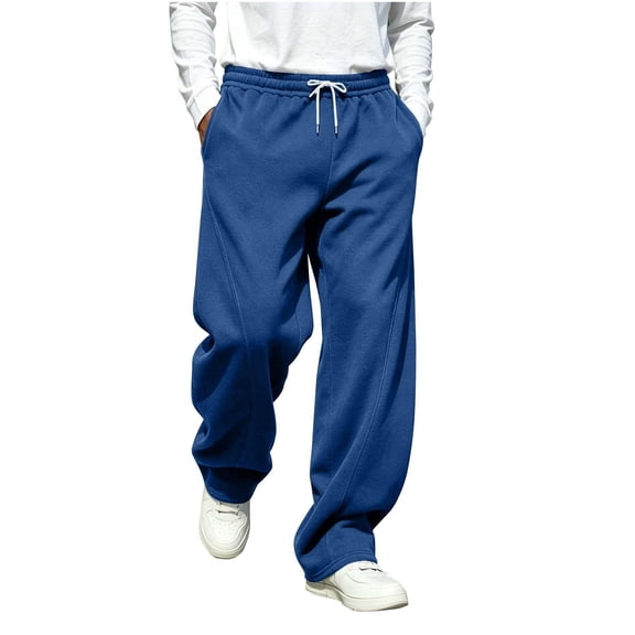 TKKCS Mens Loose Wide Leg Sweatpants- Fall Winter Elastic Waist Drawstring Oppen Bottom High Waist Casual Trousers Blue Size 2XL