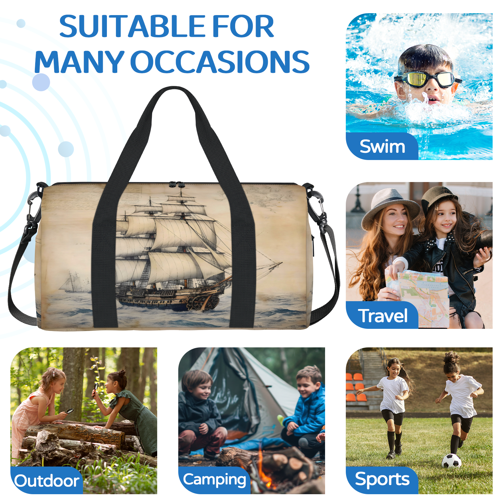 Herdesigns Nautical Ocean Pirate Ship Gym Bag for Women, Duffle Bag for Travel Sport, Lightweight Waterproof Carry on Weekender Overnight Dance Yoga Workout Bags