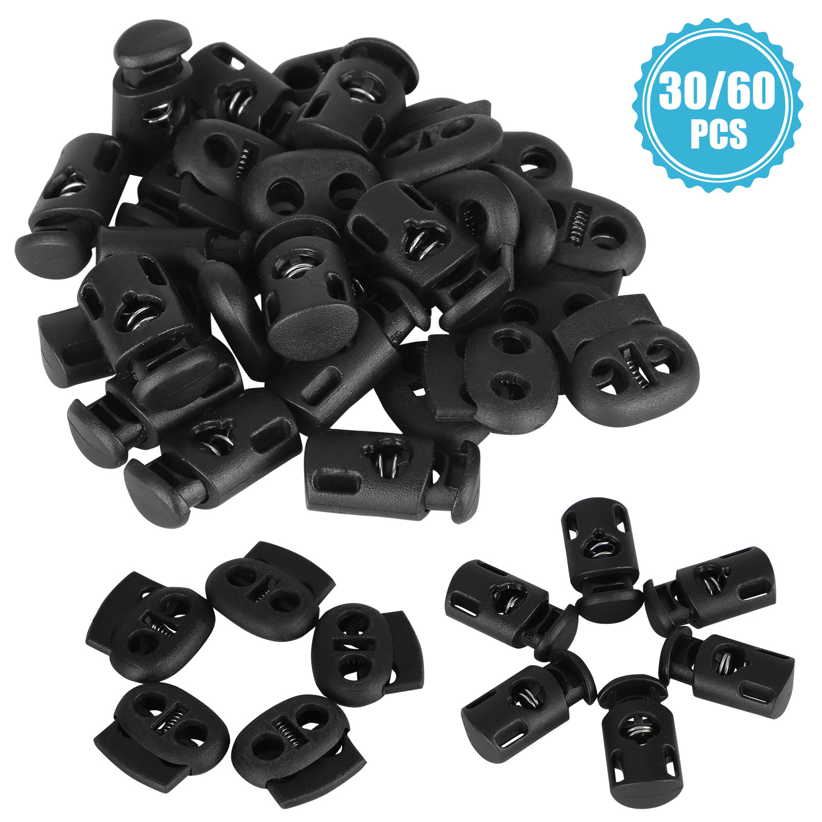 TSV 60/30Pcs Cord Spring Locks for Drawstrings, Single & DoubleHoles