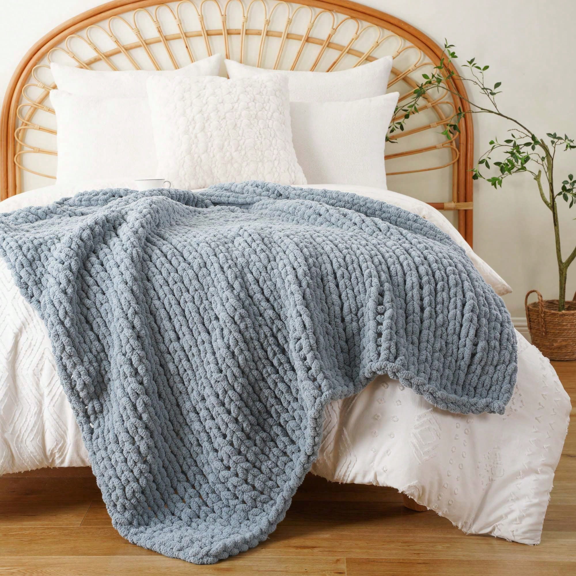Battilo Bluish Grey Chunky Knit Throw Blanket,Handmade Cable Knit Crochet Blanket for Home Decor,50"x60"