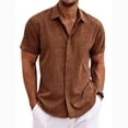 thumbnail image 2 of Men's Linen Cotton short sleeved T-shirt Button Shirt Casual Solid Band Collar Beach Shirts Brown S, 2 of 4