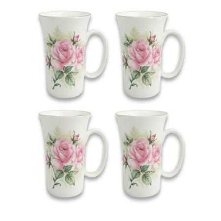 Gracie Bone China 10-Ounce Trumpet Mug, Pink Green Rose Bouquet, Set of