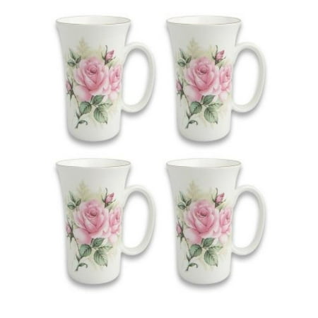 Rose Fine Bone China - Gracie Bone China 10-Ounce Trumpet Mug, Pink Green Rose Bouquet, Set of 4