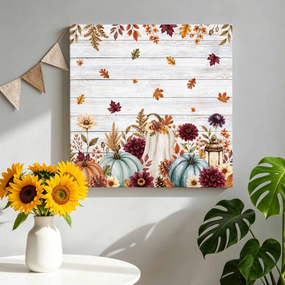 Thanksgiving Canvas Wall Art for Living Room, Rustic Fall Orange Blue White Pumpkin Wood Grain Poster Print Painting for Bedroom Office Gallery Decoration Wall Pictures Prepare To Hang 12"x12"