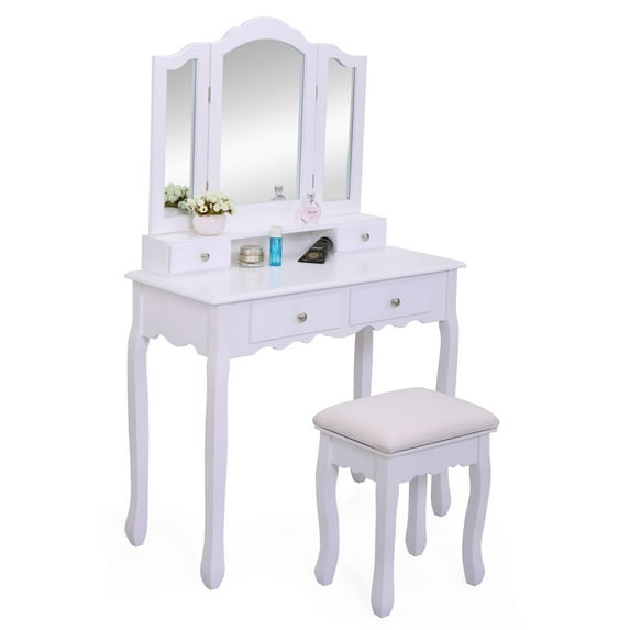 Canddidliike Vanity Set, Dressing Table with 3 Folding Mirror & Cushioned Makeup Vanity Stool & 4 Drawers - White